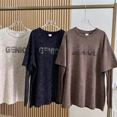 Plus Size High Quality Letter Star Hot Diamond Design  Gold Thread Long sleeved T-shirts for Women