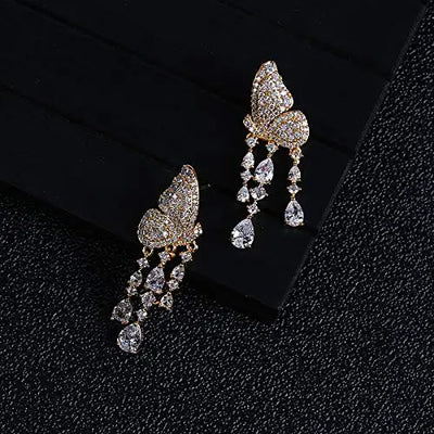 EVACANDIS Butterfly Crystal Tassel Handmade Gold Plated Drop Dangle Earrings for Women Zircon S925 Sterling Silver Needle