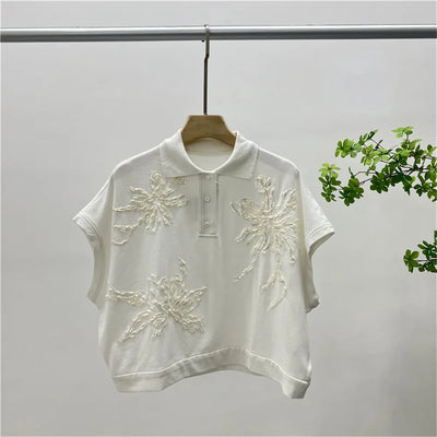 Women Polo Collar T-Shirt Floral Embroidery Sequin Decoration Short Sleeve