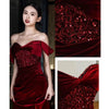 off-Shoulder Fishtail Toast Dress Wine Red Velvet Sequined Party Host