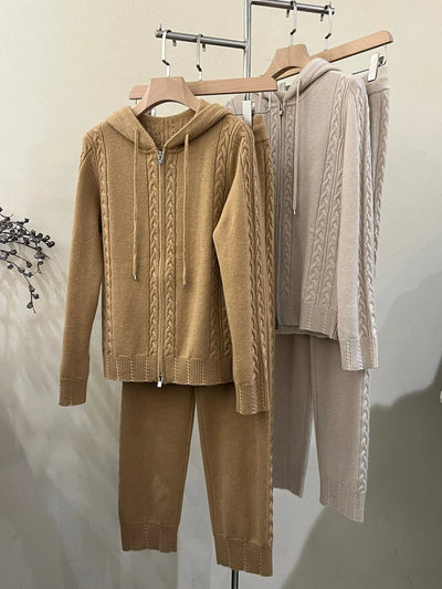 100% Cashmere Two Piece Knitted Loose Pants And Knit Cardigan Sweater Jacket Suit Women 2023  Winter Warm Sets Female Tracksuits