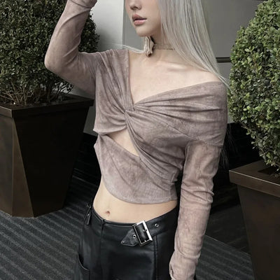 Wasteland Style Slimming Hollow-out Long-Sleeved T-shirt for Women