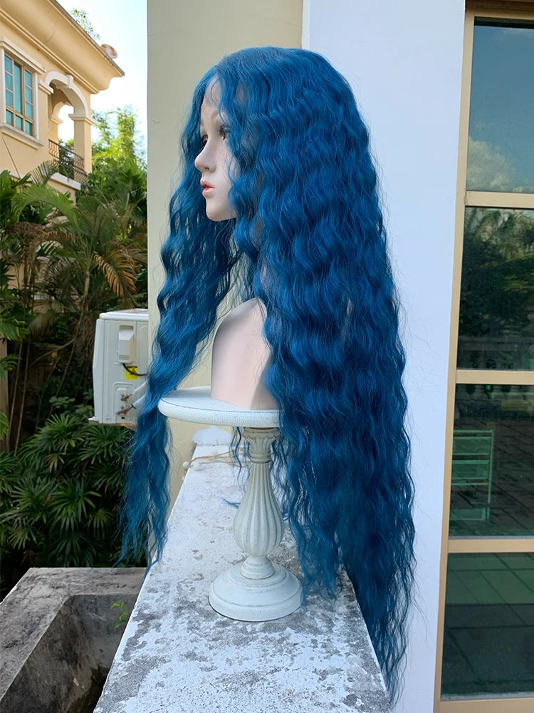 Women's Blue Long Hair Curly Wig Realistic Wigs