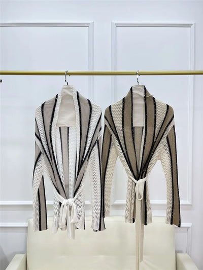 High Quality 2024 Striped Sequins Cardigan Coat  Linen Hollow Out Knitted Top With Sashes