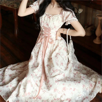 Lace-up Square Collar Floral Slimming Jumpsuit Mid-Length Mori Style First Skirt