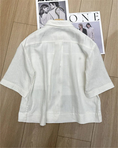 Women's Half Sleeves Blouse Shirt Double-Pocket Beaded Linen Lapel Loose Casual Shirts Top