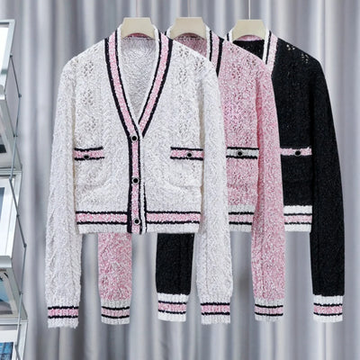 2024 Spring Summer Fashion Women's High Quality Hollow-out Knitted Coat Elegant V-neck Cardigans C924