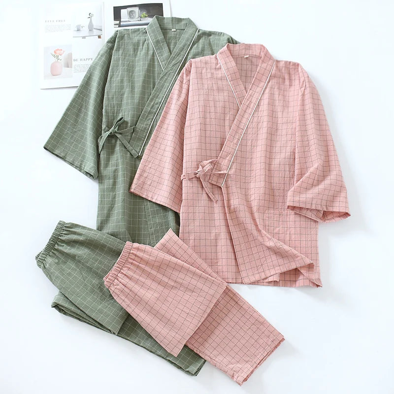 No-print Japanese women's Kimono Pajamas Spring And Autumn Book Pure Cotton Washed Cotton Yarn lace-up Home Suit Set Sweat Suit