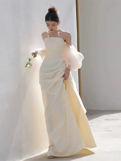 French Tube Top Light Wedding Dress Mori Style Veil Fishtail Satin Bride