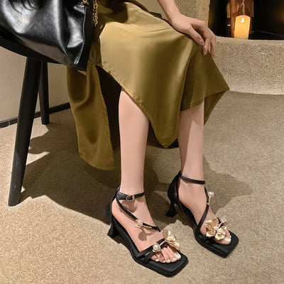 Square Open Toe Flower Sandals Strappy Stiletto Heels Fashion Women Summer Ankle Buckle Pearls Golden Floral Sandal Dress Shoes