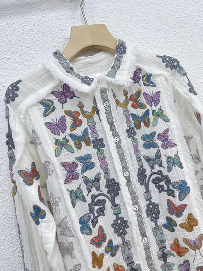 EVACANDIS High Quality Women Long Sleeve Embroidery Butterfly Turn-down Collar Shirts Vintage Elegant Casual Sweet Blouse Tops