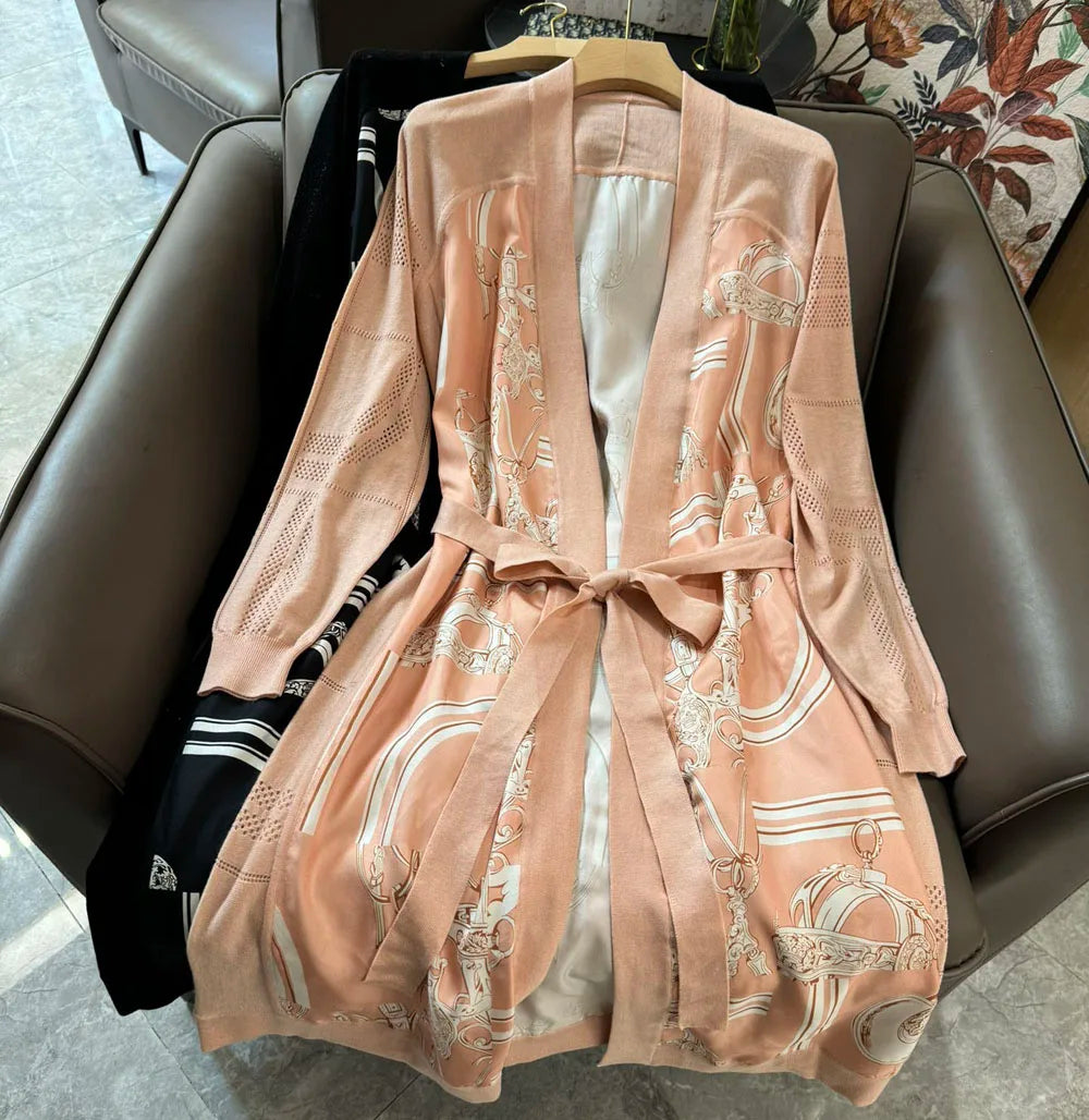 2024 spring summer women fashion printed holes silk wool knitted cardigan patchwork long sleeve sashes loose thin cardigans