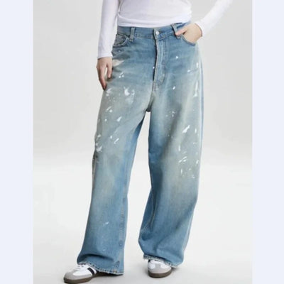 Splash-ink High-waisted Wide-leg Cotton Jeans Woman
