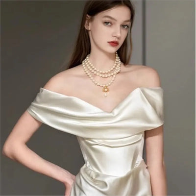 off-Shoulder White Light New Satin Simple Slim Welcome Dress