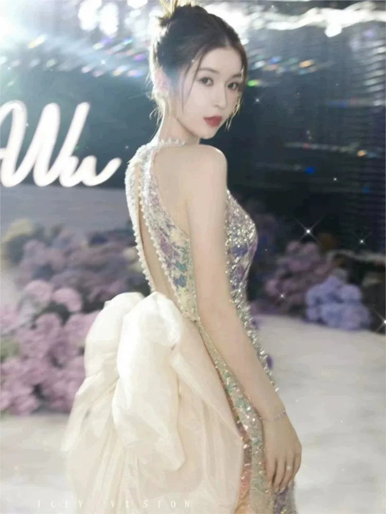 Engagement Formal Dress Light Luxury Minority Fishtail Toast Elegant Occasion Sequined Halter