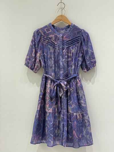 EVACANDIS Women Printing Purple Short Puff Sleeve Mini Dress Spring Summer New Cotton Sweet Vintage Elegant Tunic O-Neck Casual
