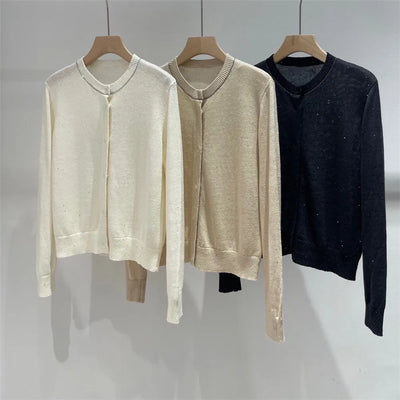 Women's  Knitted Cardigan O-Neck Bead Chain Sequins Linen Long Sleeves Top‘s