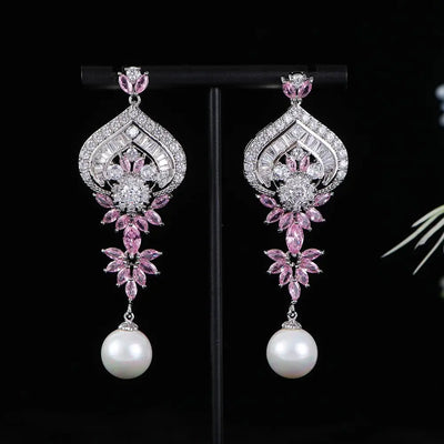 EVACANDIS Heart Crystal Pearl Handmade Gold Plated Drop Dangle Earrings for Women Zircon S925 Sterling Silver Needle Designer