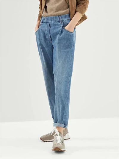 Women's High Waist Jeans B*C Fall New Pure Cotton Beading Slim Denim Trousers Female Ankle-Length Pants