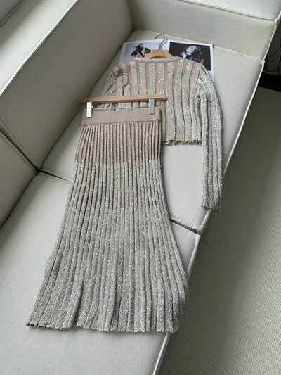 Early Autumn Niche Sequin Vertical Striped Knitted Suit Round Neck Long Sleeve Pullover + Fishtail Skirt Two-Piece Suit