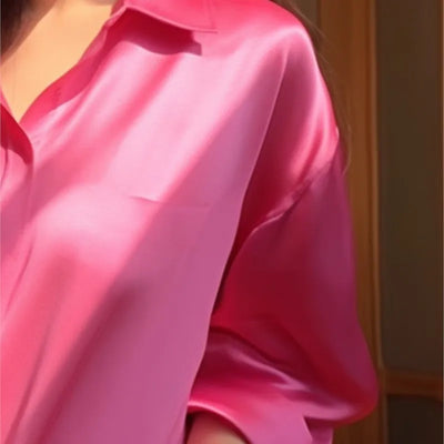 Acetate Satin Pink Shirt Chic Western Style Youthful-Looking Casual Beautiful