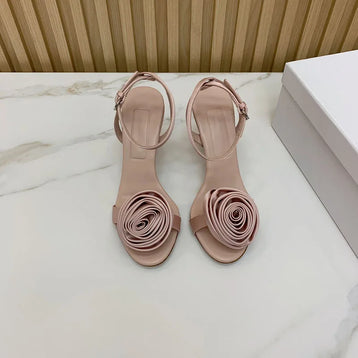 2024 Summer High Quality Sheepskin Silk Satin Rose Buckle with Thin Heel Sexy Open Toe High Heel Sandals and Slippers for Women