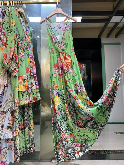 High Quality Autumn Women Fashion Runway Designer Silk Beaded Flower Printed V-Neck Beach Style Sleeveless Long Dress