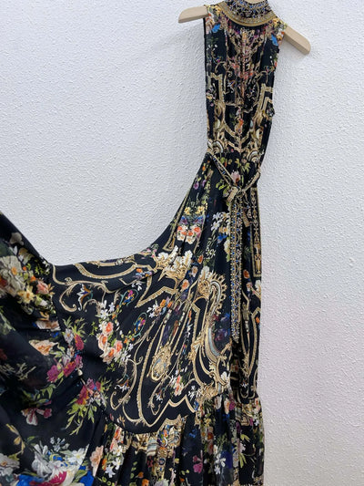 EVACANDIS 100% Real Silk High Quality Women Sleeveless Floral Printing Midi Dress Luxury Chic Bohemian Vintage Runway Designer
