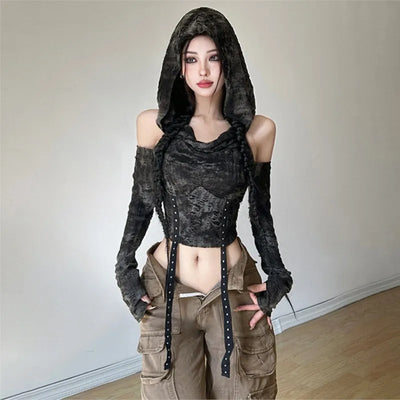 Wasteland Style Sexy off-Shoulder Hooded T-shirt Ripped Short Top for Women