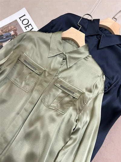 Women's Casual Long Sleeve Blouse Beaded Pocket Silk Shirt  2024 Spring Summer New