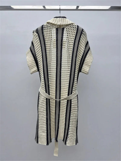 2024 Spring Striped Mesh Sequin Knit Short Sleeve Mid Length Cardigan Jacket