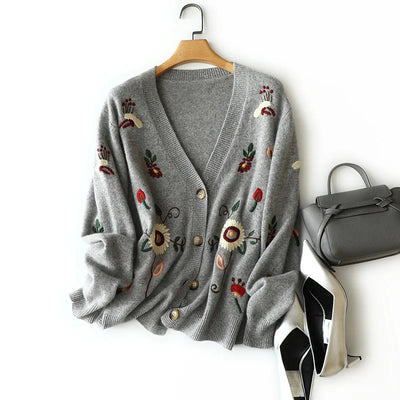 masigoch autumn winter chic embroidery outerwear 7gg thick luxury 100% cashmere cardigan v neck coat women