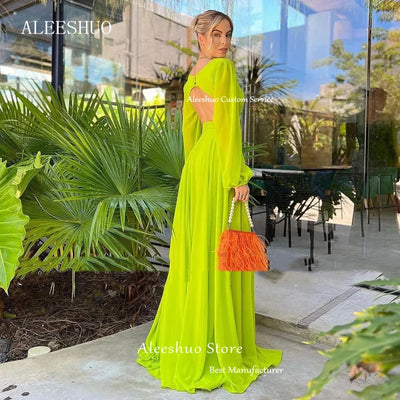 Aleeshuo Elegant A-Line Chiffon Prom DressPleated Cut-out Long Sleeve Evening Dresses Sexy Deep V-Neck Backless Party Gown 2024
