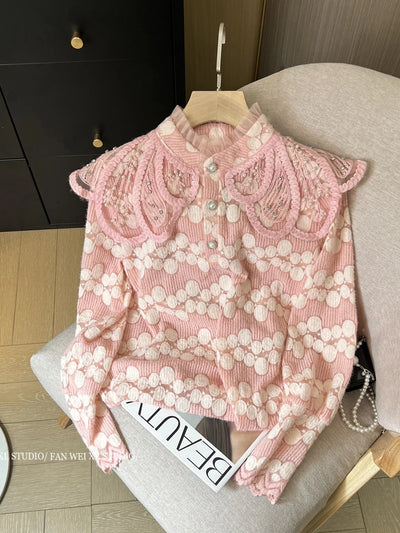 2024 Spring New Fashion Sweet Temperament Shirt Heavy Beads Doll Collar Long Sleeve Lace Shirts Elegant Women's Top Blouse