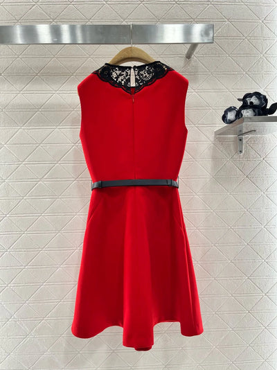 EVACANDIS Women O-Neck High Quality Sleeveless Lace Red Black Hit Color Mini Dress With Belt Sweet Elegant Chic Runway Designer