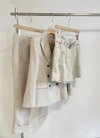Imported Linen Women's Casual Suit 2024 B*C Double-breasted Blazer Jacket + Shorts + High Waist Trousers 3 Piece Set