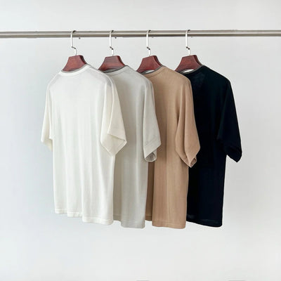Short-Sleeved V-Neck Bead Chain T-Shirt for Women, Versatile T-Shirt, Light and Nude Feel, Fine Wool Blended Knitted Top