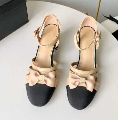 2024 Summer New Butterfly knit Coarse Heel Sandals Women's Round Head Color blocked French Roman Headband Sandals