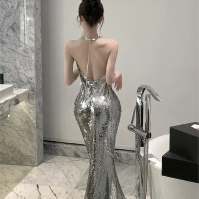 Hepburn style silvery sequined femininity halter dress