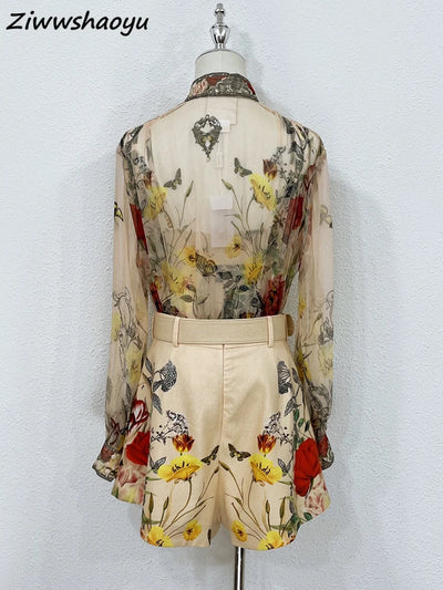 High Quality Summer Women Fashion Runway Designer Silk Beading Loose Shirts + High Waist Floral Printed Shorts Sets Suits