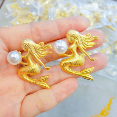 9999 real gold 24K yellow gold Women's Pearl Mermaid Pendant Necklace