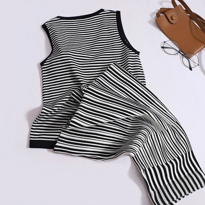New Summer Small Fragrant Striped Knitted Two Piece Set Women Sweater Vest Top + Pleated Skirt Sets Fashion Casual 2 Piece Suits