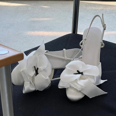 White Flower Sandals Round Toe Black Bow Detail Hollow Slingback Buckle Stiletto Heels Summer Party Dress Casual Shoes