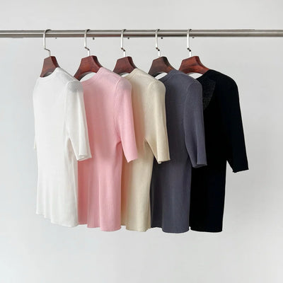 V-Neck Tencel Blend Top, Slim Fit, Versatile U-Neck, Short-Sleeved Knitted Top, Spring and Summer, New Temperament, 2022