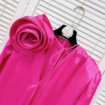 High-End Fashion Sexy V-neck Flower Acetate Silk Surface Shirt 2024 Spring New Loose Long Sleeve Elegant Split Top Women Blouse