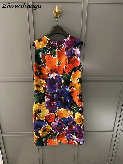 High Quality Summer Women Fashion Runway Designer Multicolor Ditsy Floral Printed Sleeveless Party Mini Dresses