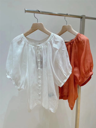L*p Summer Thin Women's Puff Sleeves Shirt Single-Dreasted O-neck Casual Loose Blouse Top Female