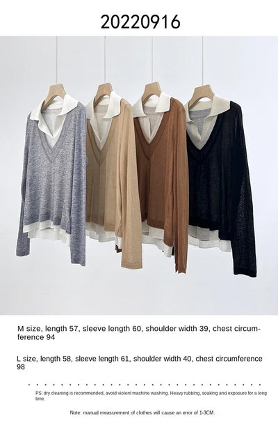 Women's Fall 2023 Clothing New Fashion Shirt-Style Fake Two-Piece Lapel Sweater 0925