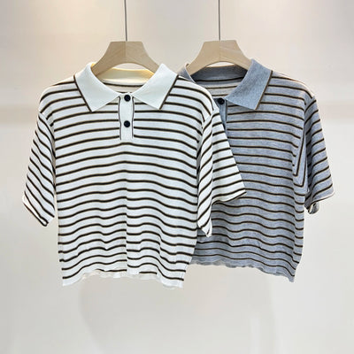 Bc* The New Summer Fashion Classic Polo Neck Silk Wool Sweater Mid-sleeve Loose-striped Pullover Short Thin Blouse