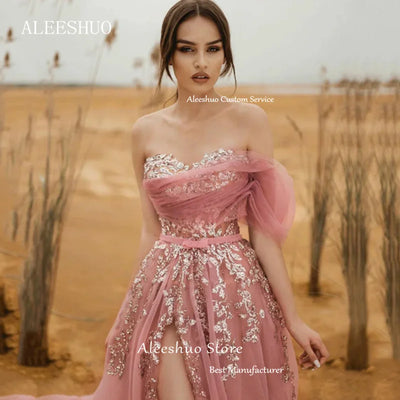 Aleeshuo Tulle Sweetheart Prom Dress Sleeveless Evening Dress Puffy Organza Applique Ladies Side Slit Party Dress A-line Gowns